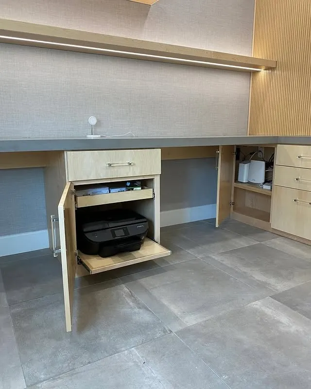 Maple desk cabinet open on a printer pull-out
