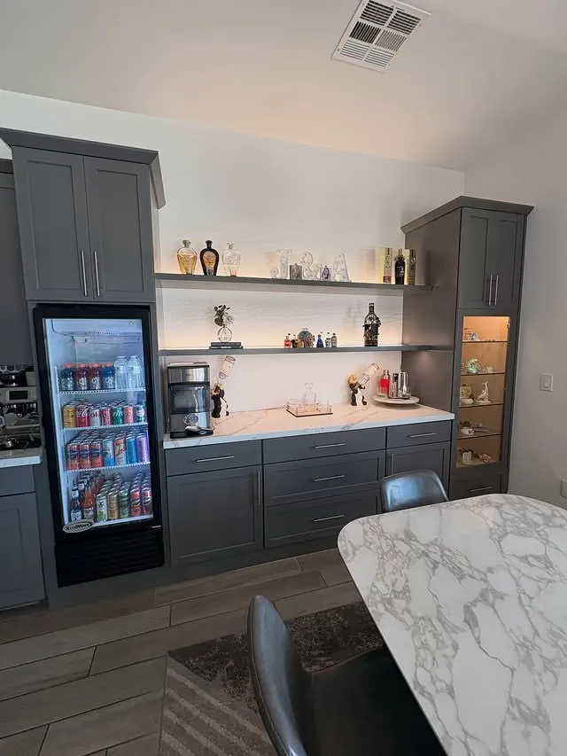 Wide view of the beverage center beside the dining table