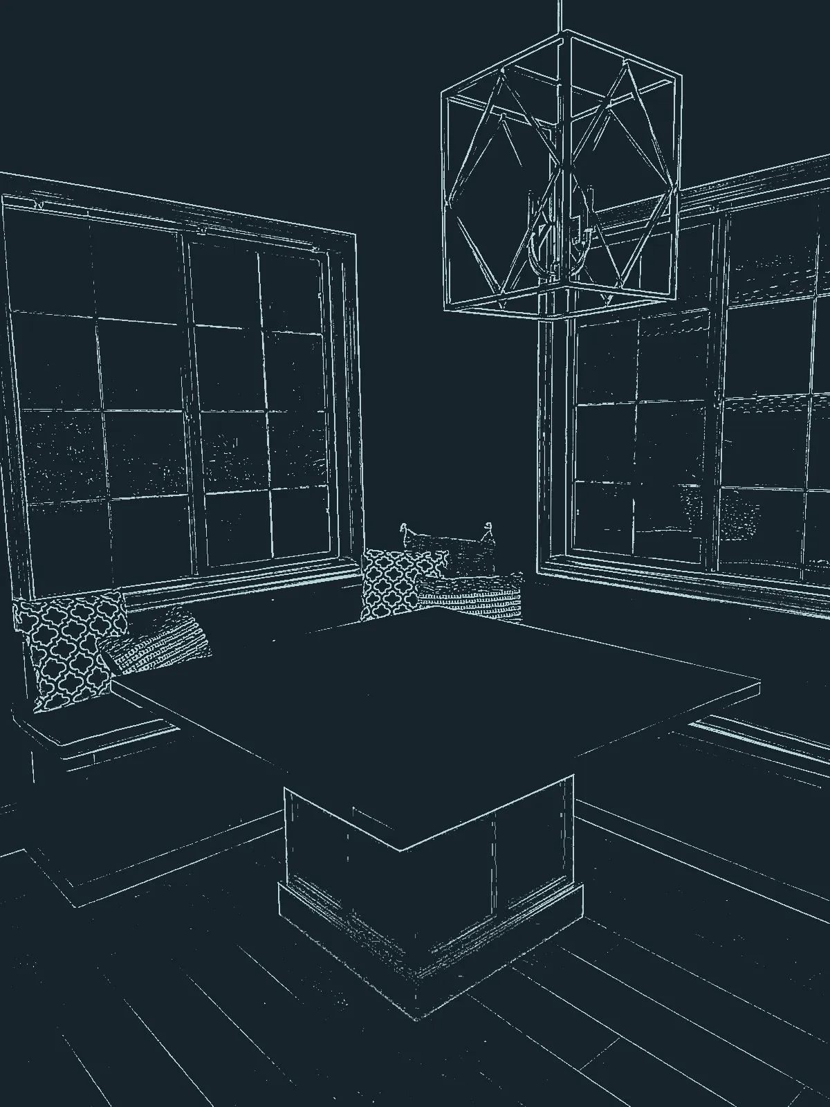 Line drawing of the finished breakfast nook with an L-shaped banquette and square table